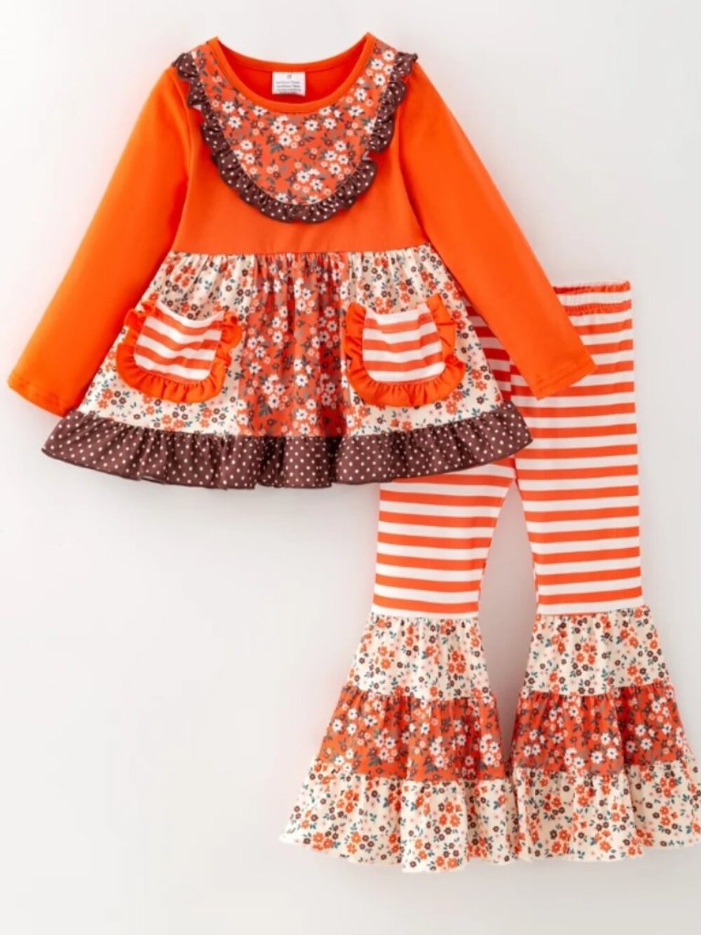 Boutique Floral Ruffle Tunic Shirt & Bell Bottoms Girls Outfit Set